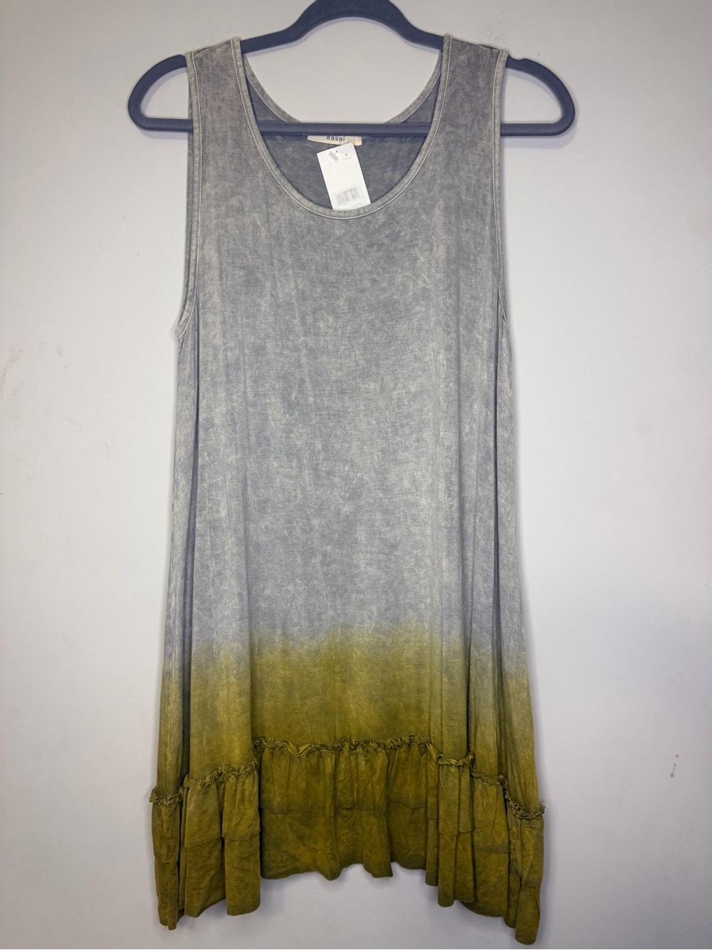NWT Easel Gray to Olive Dip-Dye Sleeveless Ruffle Hem Tunic/Dress Size Large